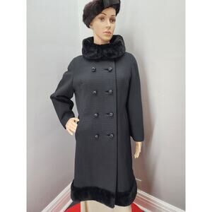60s Vintage Textured Wool Coat with Fur Collar and Hem - M
